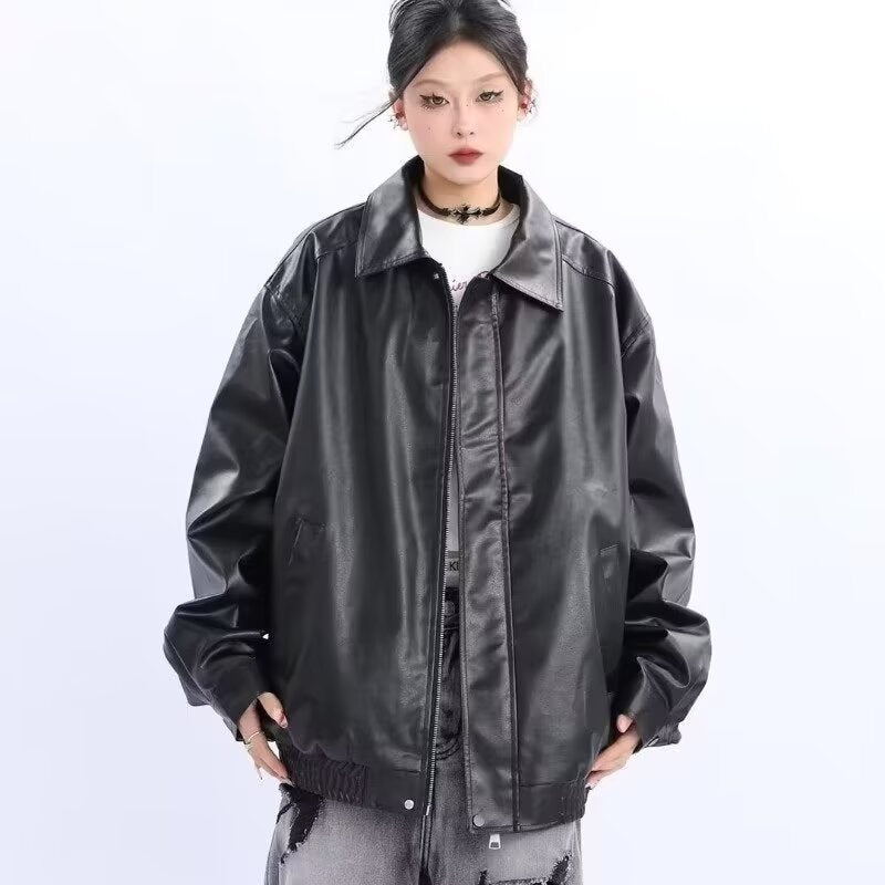 Damen Oversized Kunstleder-Blouson mit elastischem Saum und Hemdkragen Shop Nory