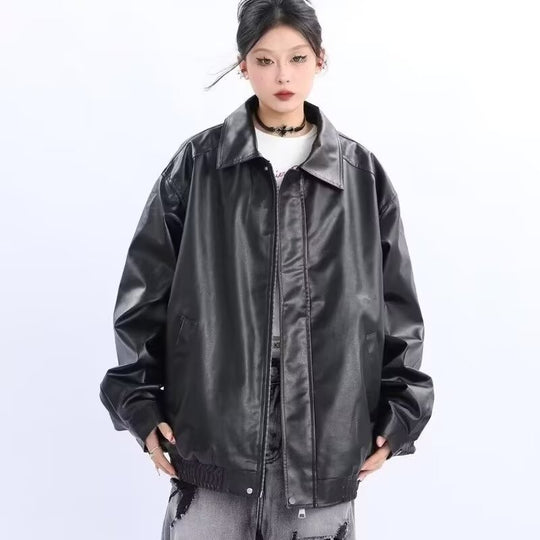 Damen Oversized Kunstleder-Blouson mit elastischem Saum und Hemdkragen Shop Nory