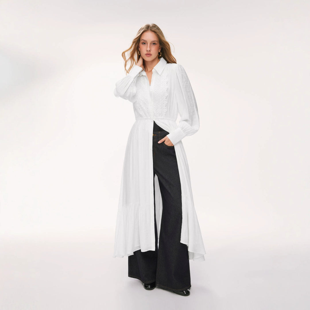 Damen Langes Hemdblusenkleid mit Spitzenbesatz, Taillierung und Stufenrock Shop Nory