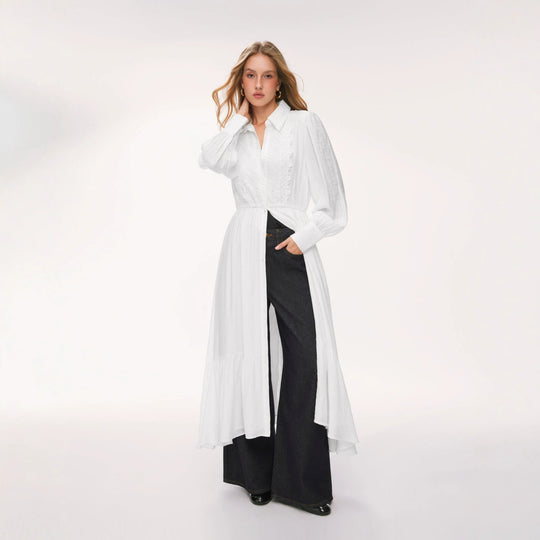 Damen Langes Hemdblusenkleid mit Spitzenbesatz, Taillierung und Stufenrock Shop Nory