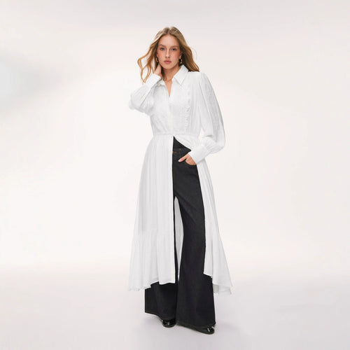 Damen Langes Hemdblusenkleid mit Spitzenbesatz, Taillierung und Stufenrock Shop Nory