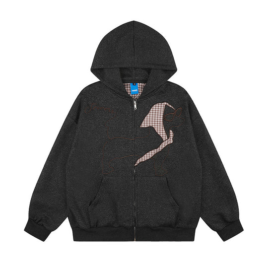 Damen Kapuzen-Zipjacke im Oversize-Cut mit gestickter Dackel-Illustration und Vichy-Detail Shop Nory