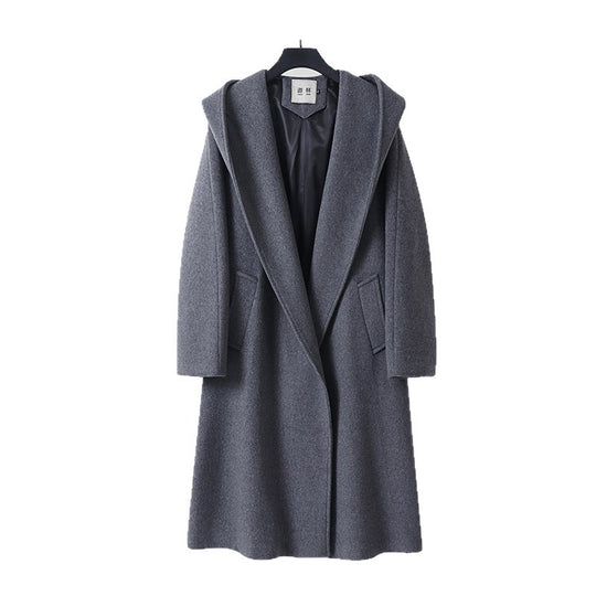 Damen Maxilanger Kapuzenmantel aus Wollmix mit Bindegürtel und weichem Innenfutter Shop Nory