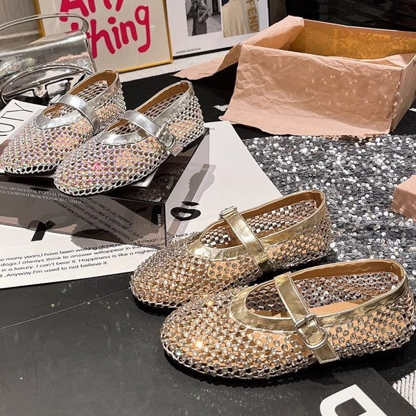 Damen Ballerinas mit elegantem Strassbesatz und verstellbarem Riemchen