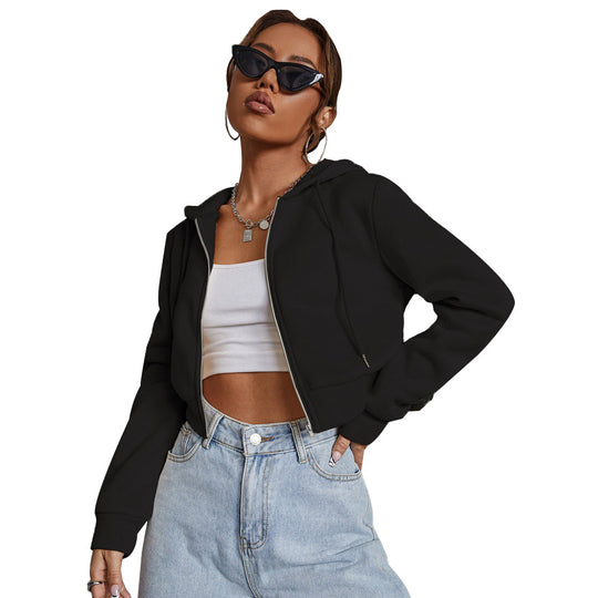 Damen kurze Kapuzenjacke mit durchgehendem Reißverschluss taillierter Silhouette und elastischen Bündchen Shop Nory