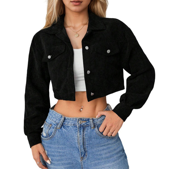 Damen kurze taillierte Cordjacke mit Brusttaschen und Druckknopfleiste Shop Nory