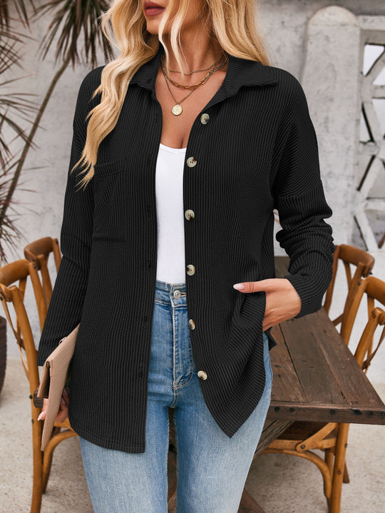 Damen Gerippte Oversize-Hemdjacke mit durchgehender Knopfleiste und Hemdkragen Shop Nory