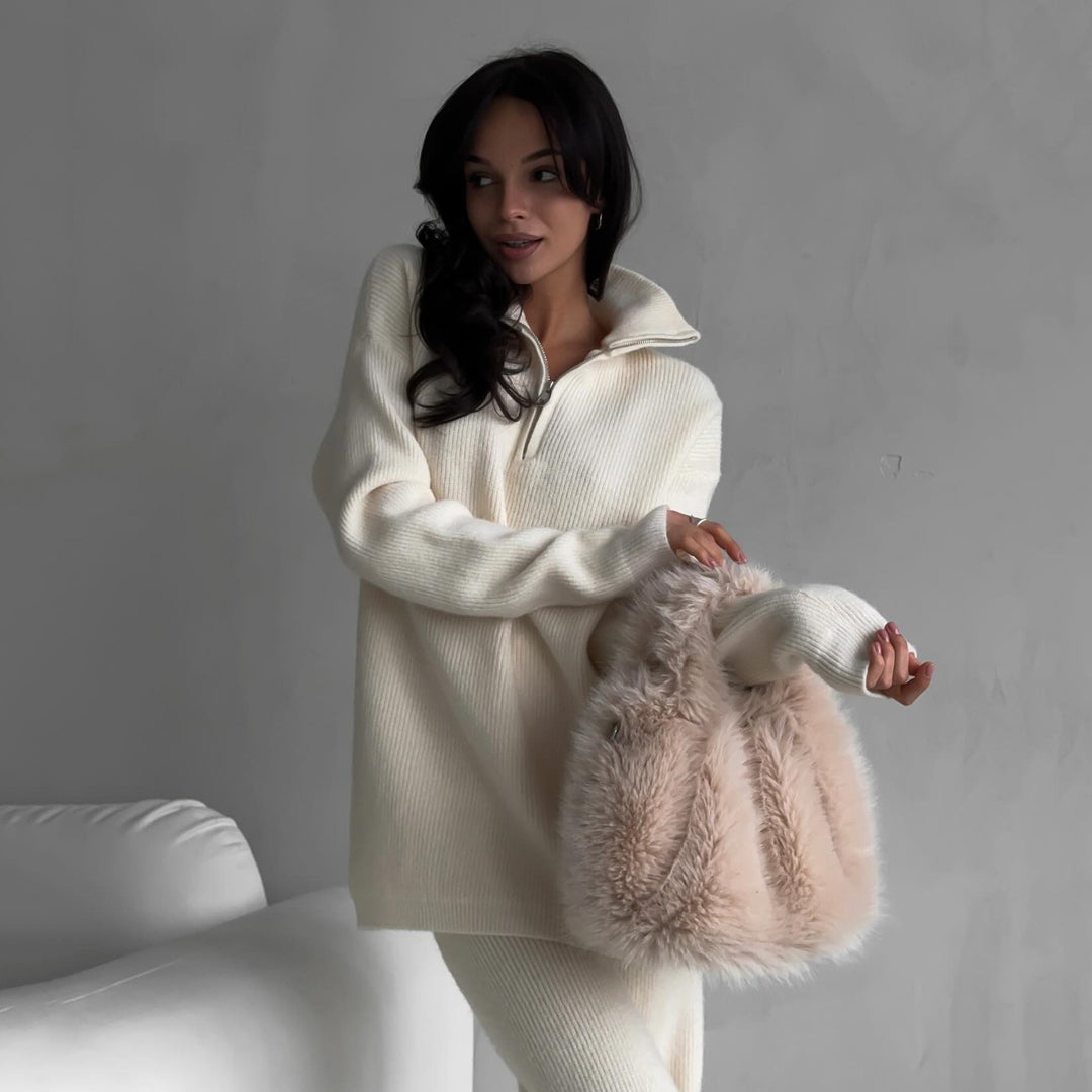 Damen Rippstrick-Loungewear-Set mit Halbzip-Longpullover und High‑Waist-Rippleggings Shop Nory