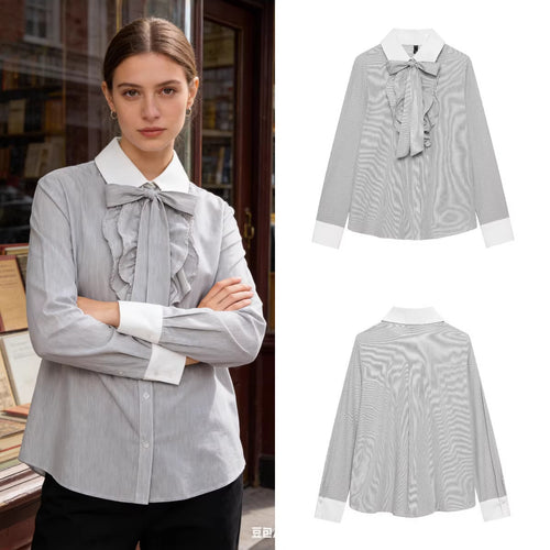 Damen Gestreifte Bluse mit Schleifenkragen, Rüschenfront und Kontrastmanschetten Shop Nory