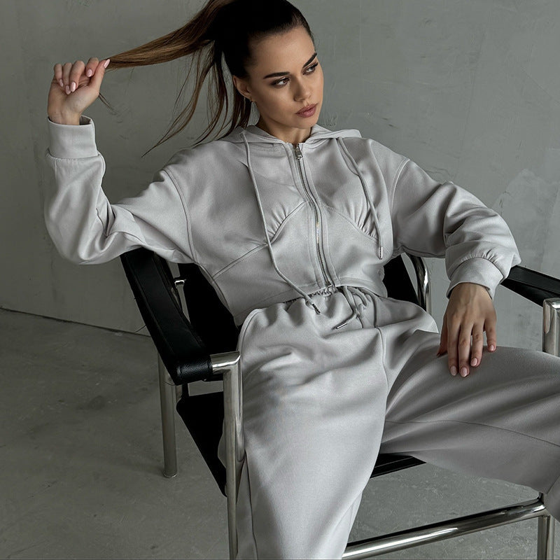 Damen kurzes Reißverschluss-Cropped-Hoodie mit hoher Bund Palazzo-Jogginghose Set Shop Nory