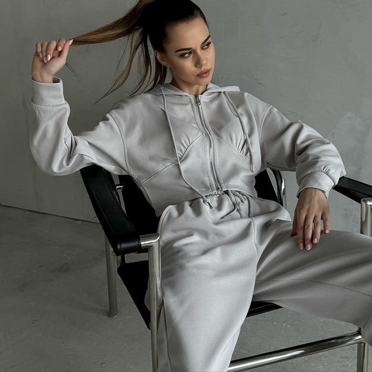 Damen kurzes Reißverschluss-Cropped-Hoodie mit hoher Bund Palazzo-Jogginghose Set Shop Nory