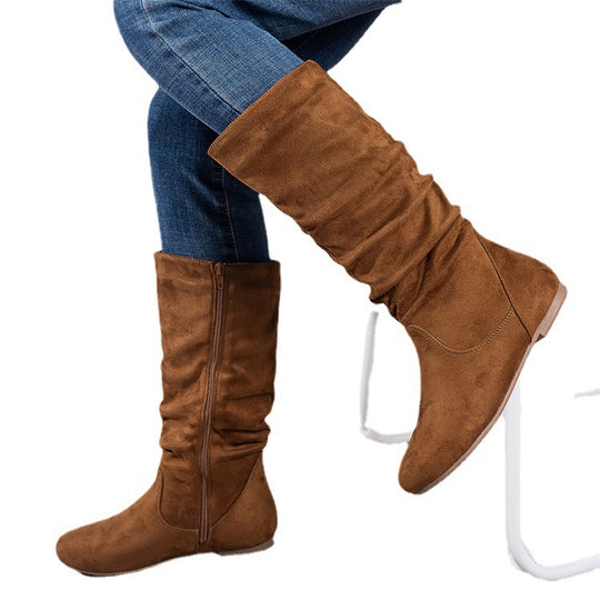 Damen Slouch-Stiefel mit flachem Absatz, seitlichem Reißverschluss und weichem Velours Shop Nory