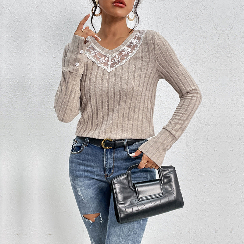 Damen Geripptes Feinstrick-Longsleeve mit V‑Ausschnitt und Spitzenpasse Shop Nory