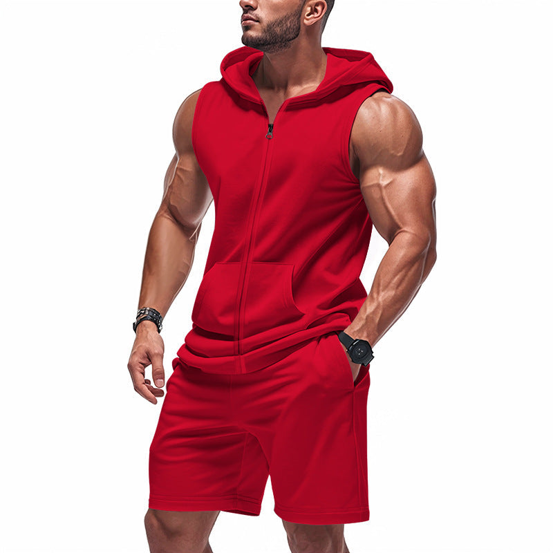 Herren nan sportliches Kapuzen-Set mit ärmelloser Sweatjacke, durchgehendem Reißverschluss und Trainingsshorts