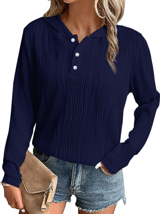 Damen Geripptes Kapuzen-Henleyshirt mit Knopfleiste und leichter Struktur Shop Nory