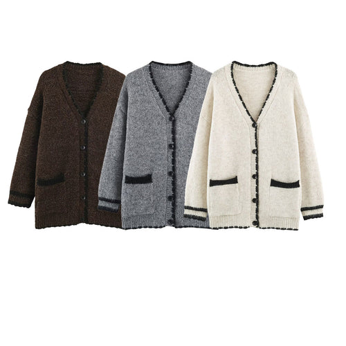 Damen Oversize Strickcardigan mit V-Ausschnitt, Knopfleiste und kontrastierenden Zierkanten Shop Nory