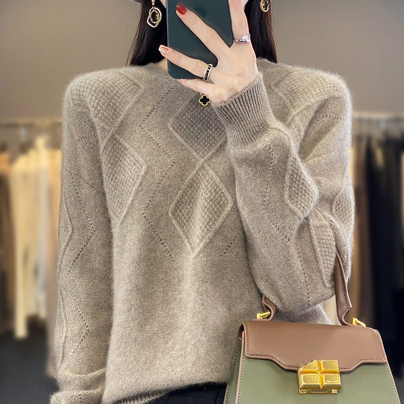 Damen Weicher Rautenmuster-Pullover im Mohair‑Look mit feiner Ajourstruktur und Rundhalsausschnitt Shop Nory