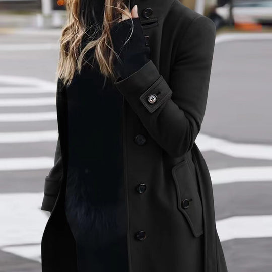 Damen Doppelreihiger Trenchcoat mit hohem Stehkragen, Taillengürtel und Manschetten-Detail Shop Nory