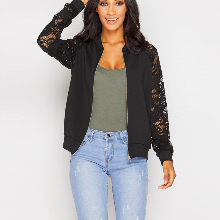Damen Sportliche Bomberjacke mit Spitzenärmel