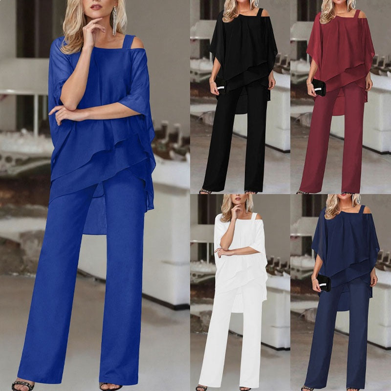 Damen Elegantes Chiffon-Zweiteiler mit Lagen‑Tunika, asymmetrischem Ein‑Schulter‑Detail und weiter Palazzohose Shop Nory