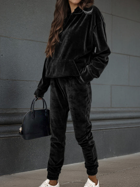 Damen Samt-Jogginganzug mit Kapuzenhoodie, Kängurutasche und elastischer Bündchenhose Shop Nory