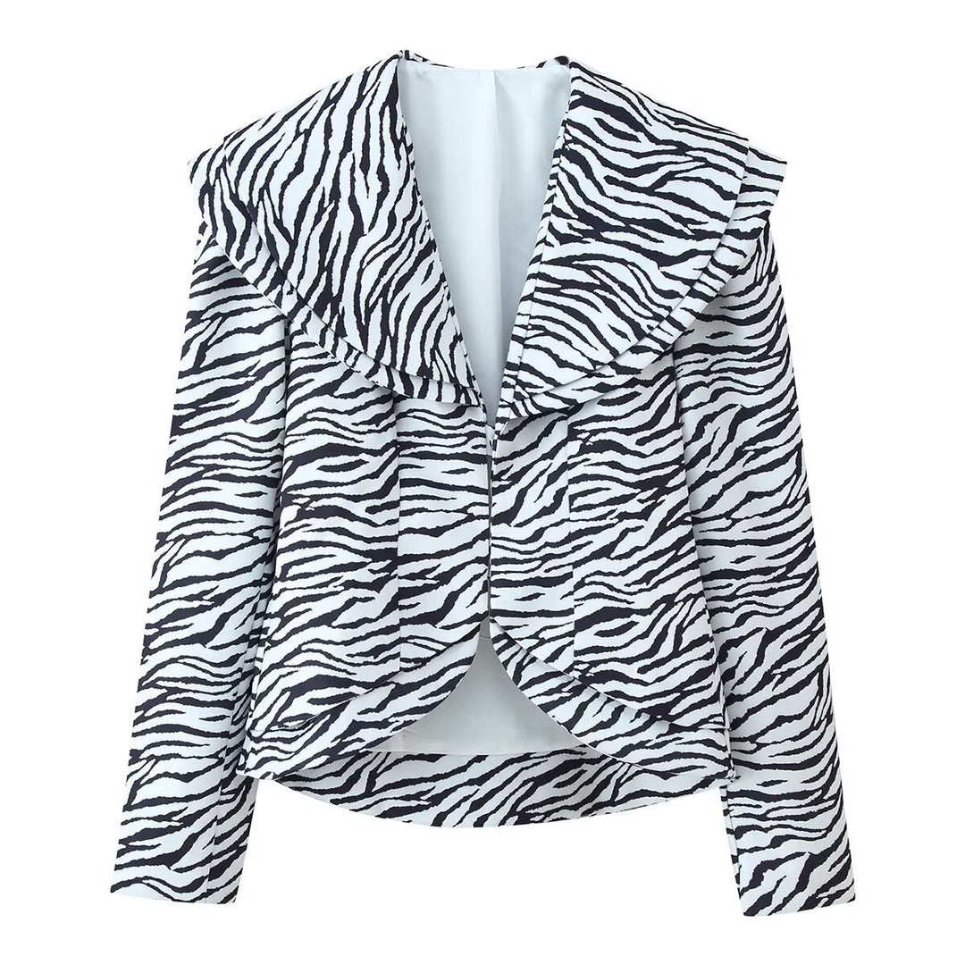 Damen Kurzblazer mit übergroßem Schalkragen und Zebra-Print Shop Nory