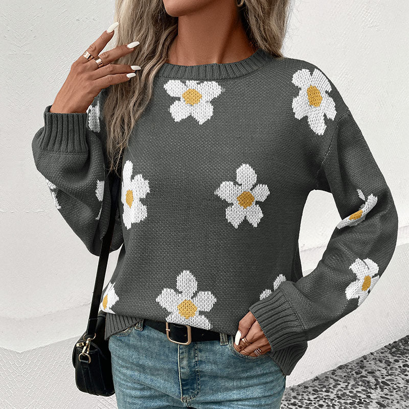 Damen Oversize-Strickpullover mit Blumenjacquard, Rundhalsausschnitt und Ballonärmeln Shop Nory