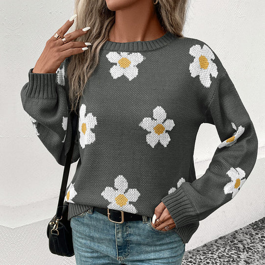 Damen Oversize-Strickpullover mit Blumenjacquard, Rundhalsausschnitt und Ballonärmeln Shop Nory