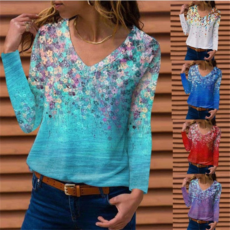 Damen Langarm V-Ausschnitt-Tunika mit floralem Aquarellprint und leichter Jersey-Qualität Shop Nory