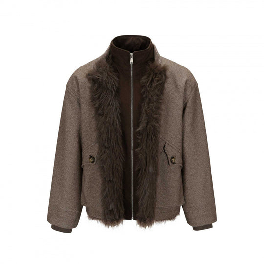 Damen Kurze Boxy-Jacke mit Teddyfutter, Stehkragen und Pattentaschen Shop Nory