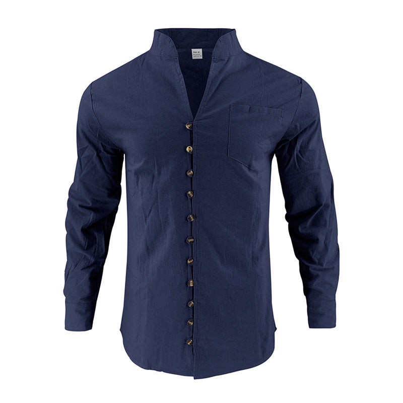 Herren Hemd mit Stehkragen und asymmetrischer Knopfleiste aus Leinenmix Shop Nory