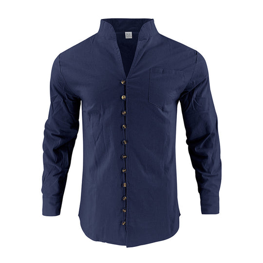 Herren Hemd mit Stehkragen und asymmetrischer Knopfleiste aus Leinenmix Shop Nory