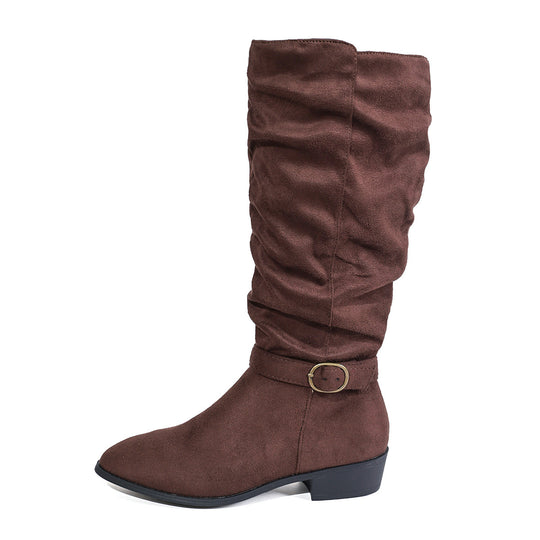 Damen kniehoher Slouch-Stiefel aus weichem Microvelours mit Ziergurt und niedrigem Blockabsatz Shop Nory