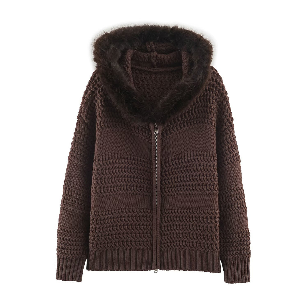 Damen Strickjacke mit durchgehendem Reißverschluss und kuscheligem Kunstpelzkragen Shop Nory