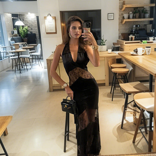 Damen Transparentes Spitzen-Maxikleid mit tiefem V-Ausschnitt und eleganter Silhouette