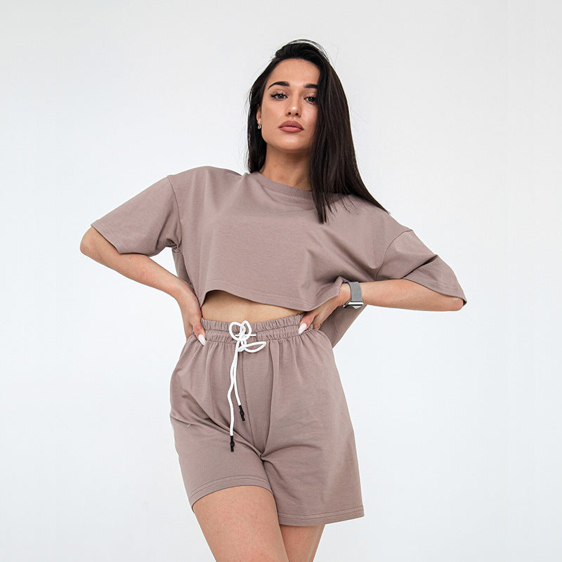 Damen Zweiteiliges Cropped-Lounge-Set aus Baumwolljersey mit elastischer Kordelzug-Shorts Shop Nory