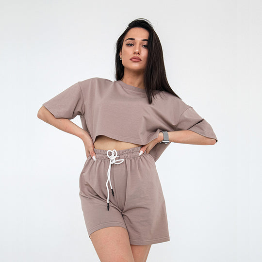 Damen Zweiteiliges Cropped-Lounge-Set aus Baumwolljersey mit elastischer Kordelzug-Shorts Shop Nory