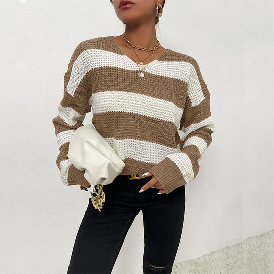 Damen Gestreifter Strickpullover mit V‑Ausschnitt und lässiger Oversize‑Passform Shop Nory