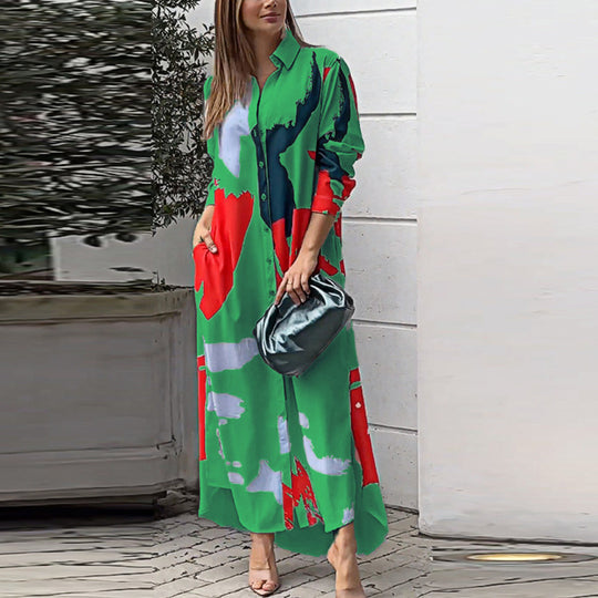 Damen Langes Hemdblusenkleid mit abstraktem Pinselprint und seitlichen Eingrifftaschen Shop Nory