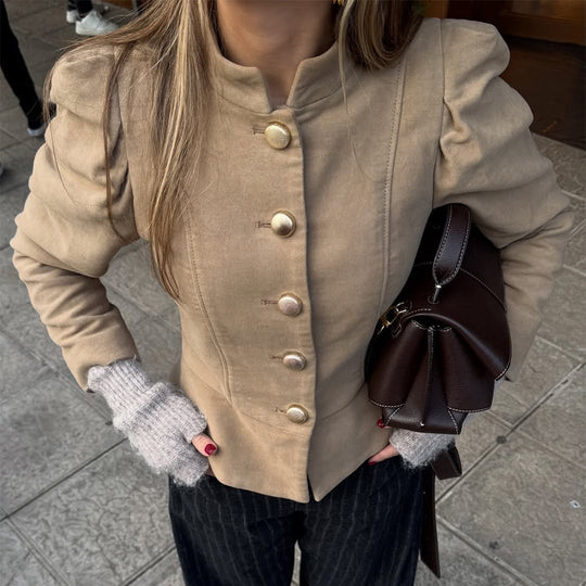 Damen Taillierter Wildlederoptik-Blazer mit Stehkragen und goldenen Zierknöpfen Shop Nory