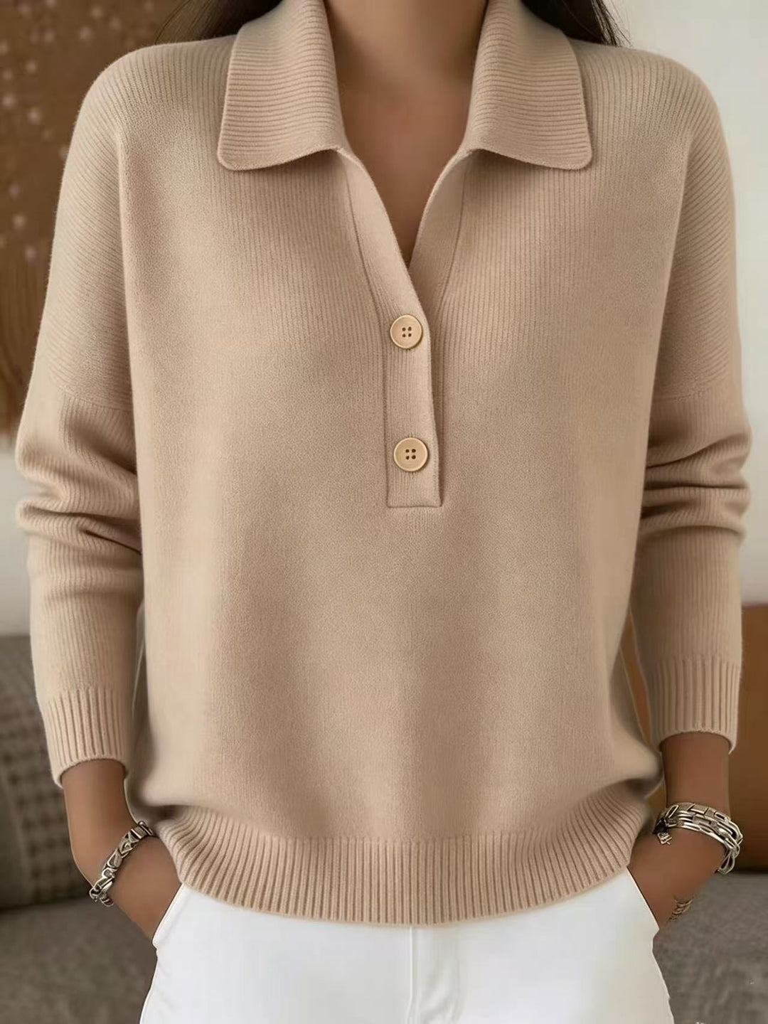 Damen lässiger Feinstrickpullover mit Polokragen und Zwei-Knopf-Leiste Shop Nory