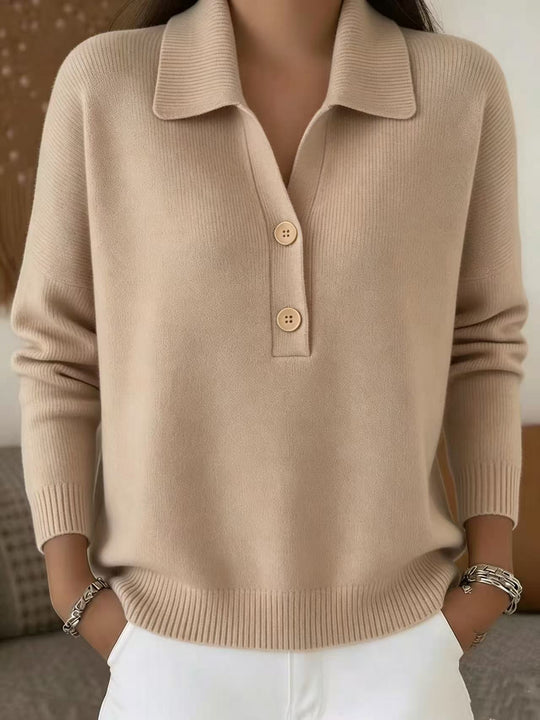 Damen lässiger Feinstrickpullover mit Polokragen und Zwei-Knopf-Leiste Shop Nory
