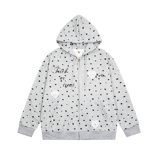 Damen Kapuzen-Sweatjacke mit durchgehendem Reißverschluss, Allover-Herzprint und Statement-Stickerei Shop Nory