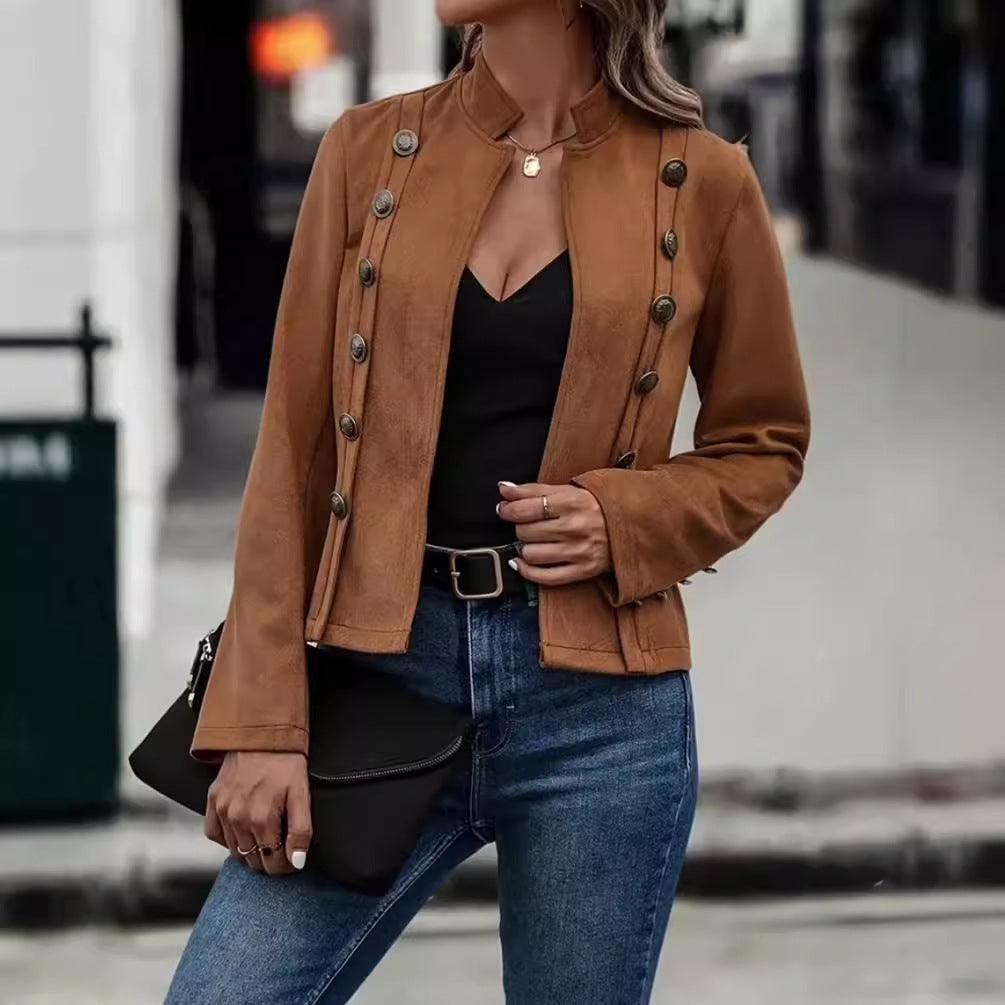 Damen schicke Suede-Jacke mit dekorativen Knöpfen