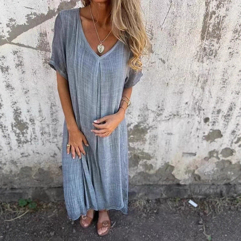 Damen lässiges Maxikleid aus leichtem Stoff mit V-Ausschnitt und kurzem Arm