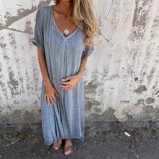 Damen lässiges Maxikleid aus leichtem Stoff mit V-Ausschnitt und kurzem Arm