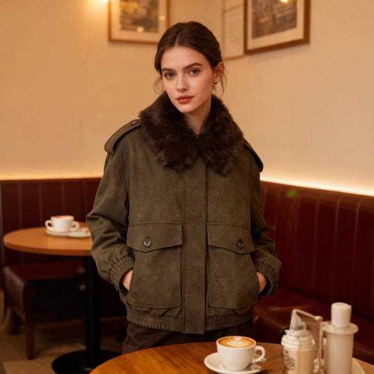 Damen Kurzjacke in Velourslederoptik mit abnehmbarem Fellkragen und Pattentaschen Shop Nory