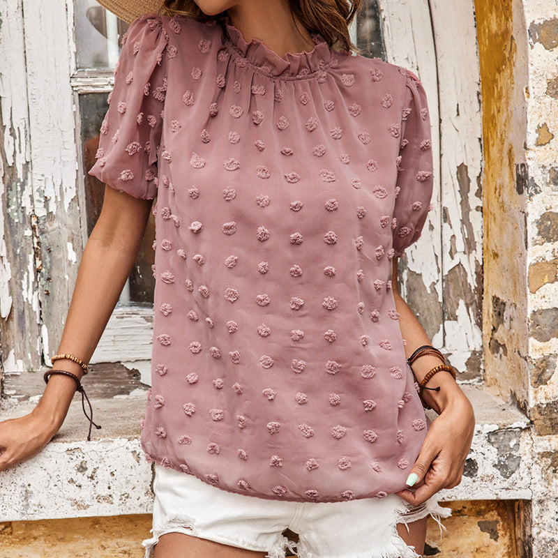 Damen Chiffonbluse mit Struktur‑Pompom, gerafftem Stehkragen und Puffärmeln Shop Nory