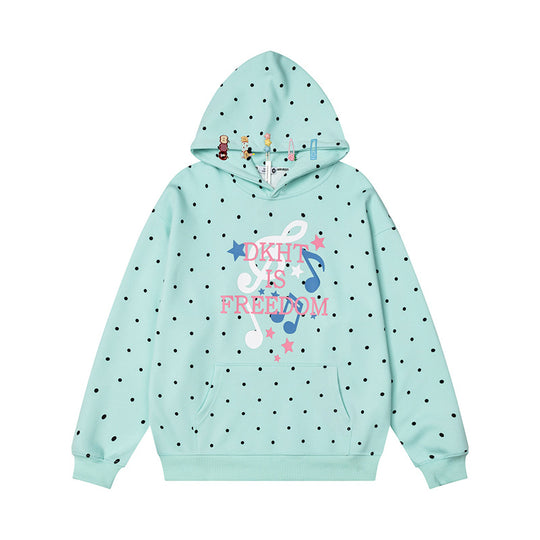 Damen Kapuzenpullover mit Polka-Dot, musikalischem Notenprint und Kängurutasche Shop Nory