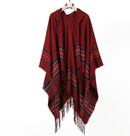 Damen Kapuzen‑Capeponcho im Tartanmuster mit Fransensaum aus weichem Wollmix Shop Nory